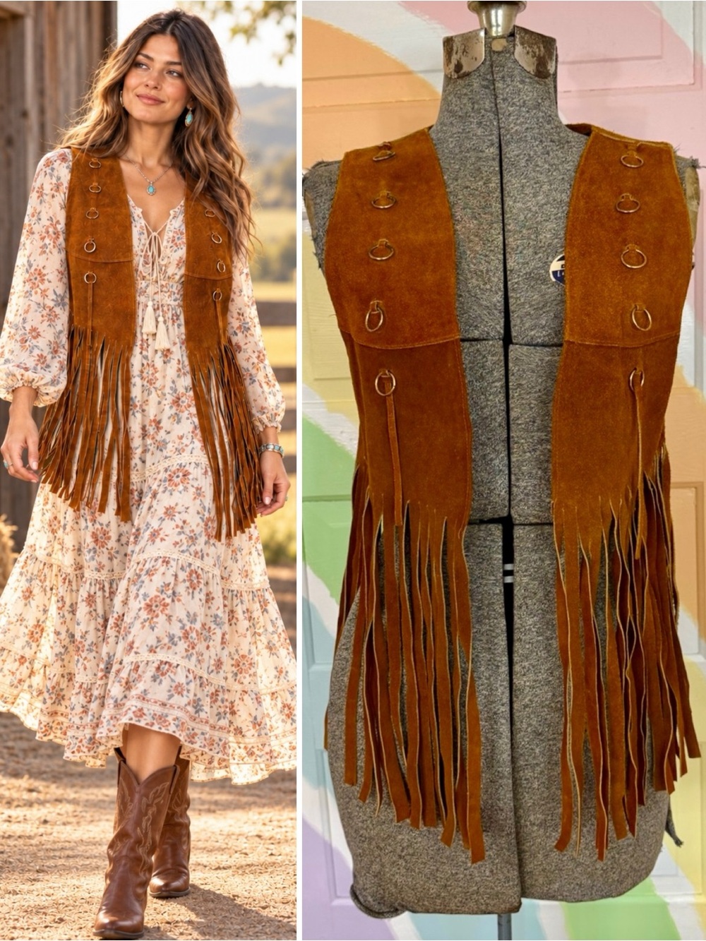 Vintage 70s Genuine Suede Leather Fringe Western Boho Festival Vest S/M 💛🍄
